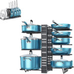 8 Tier Pots and Pans Organizer for Cabinet with 3 DIY Methods, Adjustable Pots, Pans and Lids Organizer - Black
