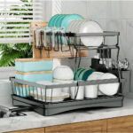 2-Tier Dish Drying Rack with Drain Board, Large Dish Drying Rack for Kitchen Counter,Detachable Large Capacity Dish Drainer Organizer with Utensil Holder - Black