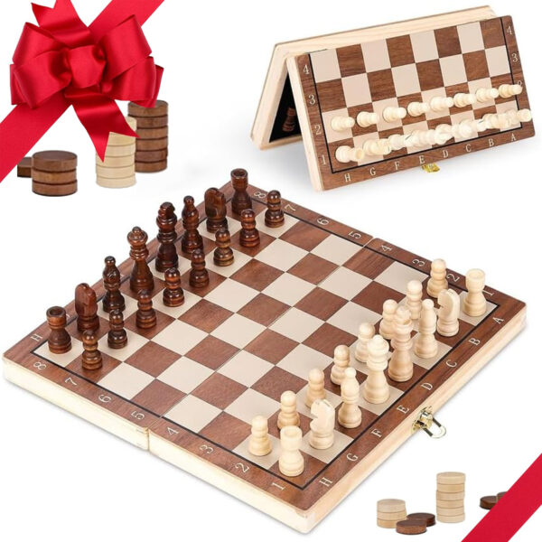 2 in 1 Magnetic Wooden Chess Set, Checkers and Chess Board Set with 2 Additional Queens, Handmade Chess Games for All Ages, Family Board Games - 15-inch