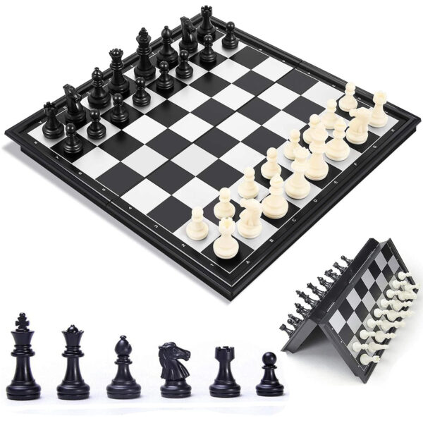 Chess Board Set Game, Magnetic Chess Piece Set with Chess Folding/Portable Storage Board, Traditional Game, Educational Toys for Kids/Children/Adults Gift (Black/White, 25x25x2cm)