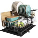 2 Tier Dish Drainer Rack with Drip Tray and Drainer Mat, Stainless Steel Dish Rack with Utensil Holder, Swivel Spout, Draining Board Rack for Kitchen Counter, Black