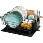 Dish Drainer Rack, Large Dish Drainer for Kitchen Counter, Stainless Steel Dish Rack with Utensil Holder and Dryer Mat, Kitchen Sink Draining Board Rack, Black