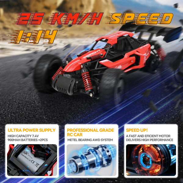 Remote Control Car - 1:14 Alloy High Speed Fast RC, 25 KM/H RC Racing Cars, RC Drift Car for Kids Adults , Off Road Variable-Speed Vehicle with 2 Rechargeable Battery - Grey - Image 6