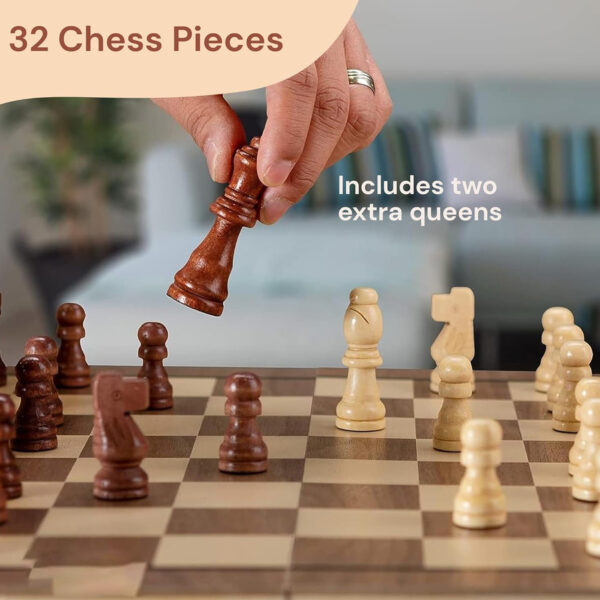 2 in 1 Magnetic Wooden Chess Set, Checkers and Chess Board Set with 2 Additional Queens, Handmade Chess Games for All Ages, Family Board Games - 15-inch - Image 4