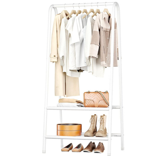 Taizz Ventures Portable Metal Small Garment Rack, Sturdy Clothing Rack with Double Layer Shelf for Storing Clothes, Shoes, Suitable for Bedroom, Office, Living Room, 24.4 * 13.8 * 62Inches - (White)