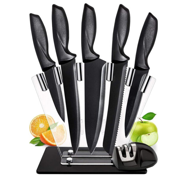 Taizz Ventures 7 Pcs Kitchen Knife Set with Sharpener - High Carbon Stainless Steel Knife Block Set with Ergonomic Handles - (7 Pcs Black)