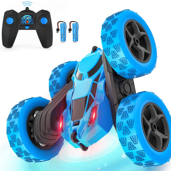 RC Stunt Car for Kids Ages 6-12, 360° Rotating Double Sided 4WD RC Car with Headlights, Rechargeable Electric Racing Toy with 2 Batteries, Outdoor Off-Road Toy for Boys and Girls - (Blue)