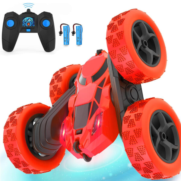 RC Stunt Car for Kids Ages 6-12, 360° Rotating Double Sided 4WD RC Car with Headlights, Rechargeable Electric Racing Toy with 2 Batteries, Outdoor Off-Road Toy for Boys and Girls - (Red)