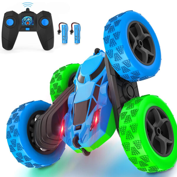 RC Stunt Car for Kids Ages 6-12, 360° Rotating Double Sided 4WD RC Car with Headlights, Rechargeable Electric Racing Toy with 2 Batteries, Outdoor Off-Road Toy for Boys and Girls - (Blue/Green)