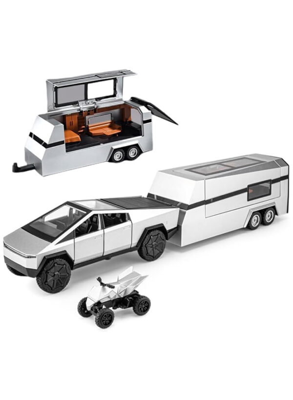 1:32 Cybertruck Kids Toy - Diecast Metal Cyberquad RV Pickup Truck and Trailer with Lights, Sound, Pull-Back Function, Ideal Gift for Boys, Interactive Model Car for Display & Play - (Dark Grey)