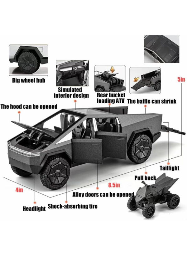 1:24 Cybertruck Diecast Metal Toy Truck, Dark Gray Model Car with Light/Sound, Pull-Back Function, Openable Doors & Tailgate, Includes ATV, Gift for Cybertruck Enthusiasts & Collectors - (Dark Grey) - Image 2