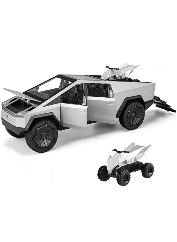 1:24 Cybertruck Diecast Metal Toy Truck, Dark Gray Model Car with Light/Sound, Pull-Back Function, Openable Doors & Tailgate, Includes ATV, Gift for Cybertruck Enthusiasts & Collectors - (Silver) - Image 2