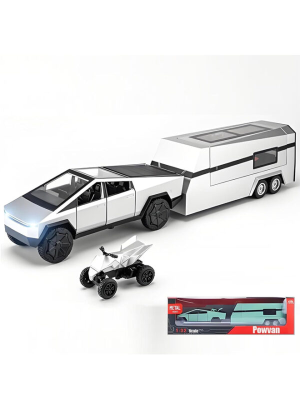 1:32 Cybertruck Kids Toy - Diecast Metal Cyberquad RV Pickup Truck and Trailer with Lights, Sound, Pull-Back Function, Ideal Gift for Boys, Interactive Model Car for Display & Play - (Dark Grey) - Image 2