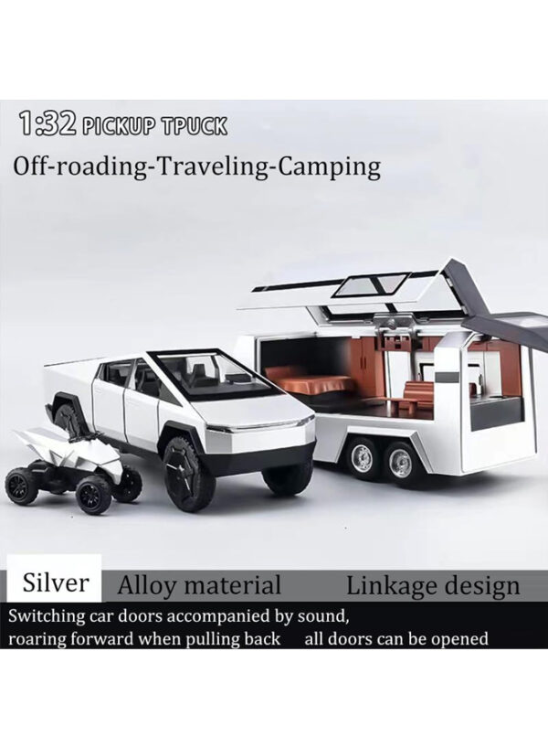 1:32 Cybertruck Kids Toy - Diecast Metal Cyberquad RV Pickup Truck and Trailer with Lights, Sound, Pull-Back Function, Ideal Gift for Boys, Interactive Model Car for Display & Play - (Dark Grey) - Image 3