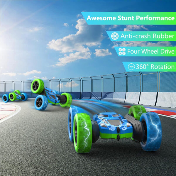 RC Stunt Car for Kids Ages 6-12, 360° Rotating Double Sided 4WD RC Car with Headlights, Rechargeable Electric Racing Toy with 2 Batteries, Outdoor Off-Road Toy for Boys and Girls - (Blue/Green) - Image 3