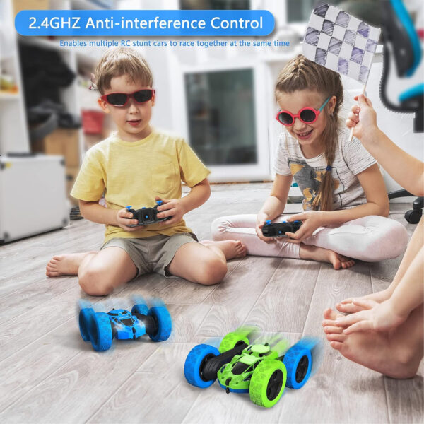 RC Stunt Car for Kids Ages 6-12, 360° Rotating Double Sided 4WD RC Car with Headlights, Rechargeable Electric Racing Toy with 2 Batteries, Outdoor Off-Road Toy for Boys and Girls - (Blue/Green) - Image 7