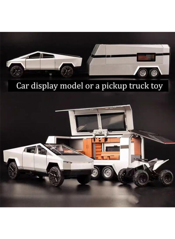 1:32 Cybertruck Kids Toy - Diecast Metal Cyberquad RV Pickup Truck and Trailer with Lights, Sound, Pull-Back Function, Ideal Gift for Boys, Interactive Model Car for Display & Play - (Dark Grey) - Image 5