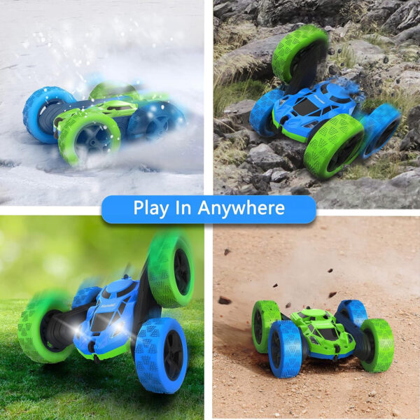 RC Stunt Car for Kids Ages 6-12, 360° Rotating Double Sided 4WD RC Car with Headlights, Rechargeable Electric Racing Toy with 2 Batteries, Outdoor Off-Road Toy for Boys and Girls - (Blue/Green) - Image 8