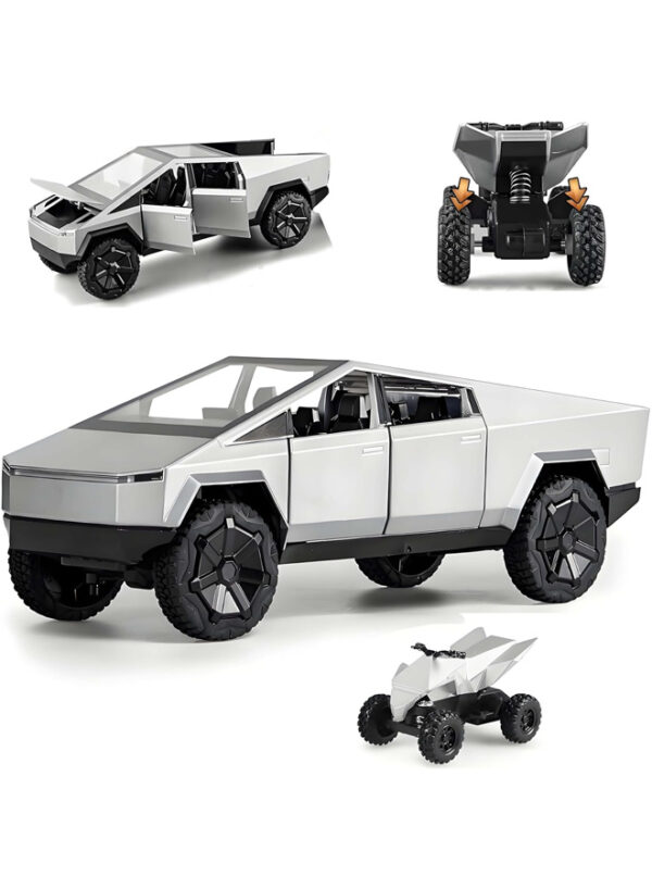 1:24 Cybertruck Diecast Metal Toy Truck, Dark Gray Model Car with Light/Sound, Pull-Back Function, Openable Doors & Tailgate, Includes ATV, Gift for Cybertruck Enthusiasts & Collectors - (Silver) - Image 6