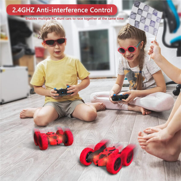 RC Stunt Car for Kids Ages 6-12, 360° Rotating Double Sided 4WD RC Car with Headlights, Rechargeable Electric Racing Toy with 2 Batteries, Outdoor Off-Road Toy for Boys and Girls - (Red) - Image 7