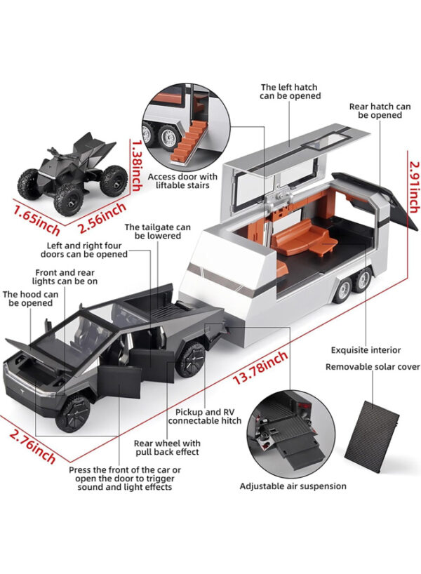 1:32 Cybertruck Kids Toy - Diecast Metal Cyberquad RV Pickup Truck and Trailer with Lights, Sound, Pull-Back Function, Ideal Gift for Boys, Interactive Model Car for Display & Play - (Dark Grey) - Image 7