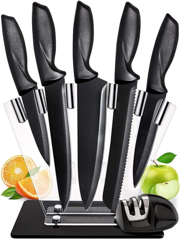 Taizz Ventures 17 Pcs Kitchen Knife Set with Sharpener - High Carbon Stainless Steel Knife Block Set with Ergonomic Handles - (17 Pcs Black)