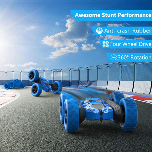 RC Stunt Car for Kids Ages 6-12, 360° Rotating Double Sided 4WD RC Car with Headlights, Rechargeable Electric Racing Toy with 2 Batteries, Outdoor Off-Road Toy for Boys and Girls - (Blue) - Image 4