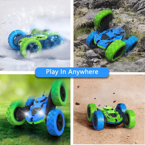 RC Stunt Car for Kids Ages 6-12, 360° Rotating Double Sided 4WD RC Car with Headlights, Rechargeable Electric Racing Toy with 2 Batteries, Outdoor Off-Road Toy for Boys and Girls - (Blue/Green) - Image 5